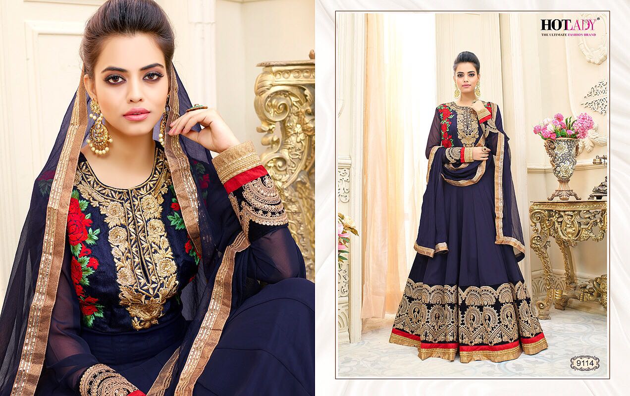 Shemaya By Hot Lady 9111 To 9116 Series Designer Anarkali Collection Suits Beautiful Stylish Fancy Colorful Party Wear & Occasional Wear Chiffon/ Georgette Dresses At Wholesale Price