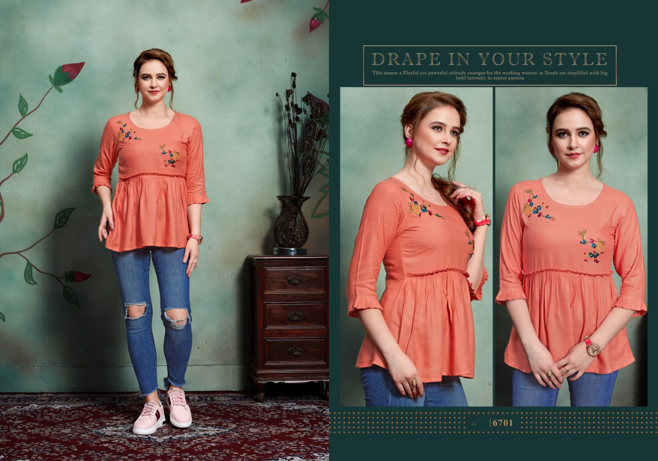 Suhanaa By Micro Designer 6701 To 6705 Series Designer Beautiful Stylish Colorful Fancy Ready To Wear & Casual Wear & Ethnic Wear Rayon Slub Tops At Wholesale Price