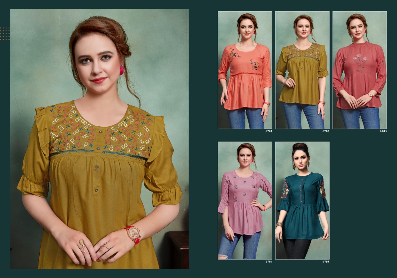 Suhanaa By Micro Designer 6701 To 6705 Series Designer Beautiful Stylish Colorful Fancy Ready To Wear & Casual Wear & Ethnic Wear Rayon Slub Tops At Wholesale Price