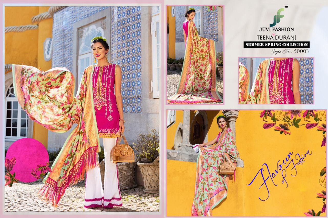 Teena Durina By Juvi Fashion 50001 To 50006 Series Designer Pakistani Suits Beautiful Fancy Stylish Colorful Party Wear & Occasional Wear Pure Cambric Cotton With Self Embroidery & Handwork Dresses At Wholesale Price