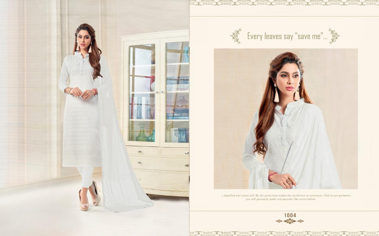 White By Amrut Varsha Creation 1001 To 1004 Series Beautiful Collection Suits Stylish Fancy Colorful Casual Wear & Ethnic Wear Cotton Chikkan Dresses At Wholesale Price